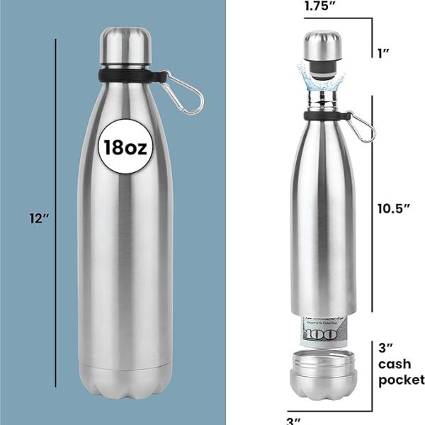 Botella de agua de acero inoxidable de 18oz con compartimiento secreto para dinero, dimensiones detalladas y diseño elegante Guatemala