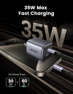 Cargador rápido UGREEN de 35W para iPhone 15 pro, con cable y el dato '60% en 30 min' destacado.